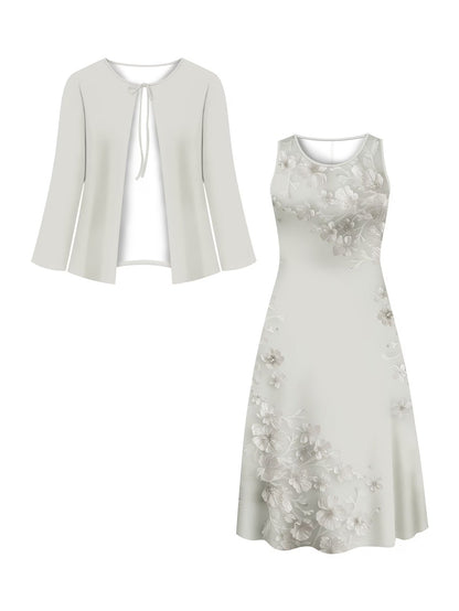 Elegant Layered Two-Piece Midi Dress Set with Tie-Front Cardigan – Flowy Printed Everyday & Occasion Wear
