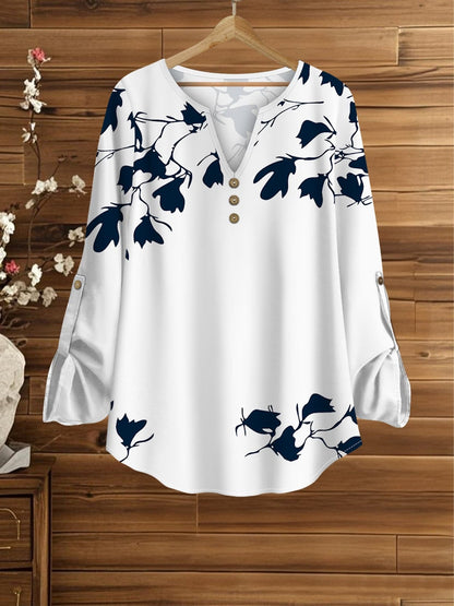 Women’s Floral Long-Sleeve Shirt with Printed Pants – Stylish Two-Piece Everyday Outfit (With Tie & Button Details)