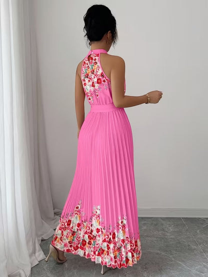 Elegant Floral Halter Neck Pleated Dress – Stylish & Comfortable Summer Outfit for Women