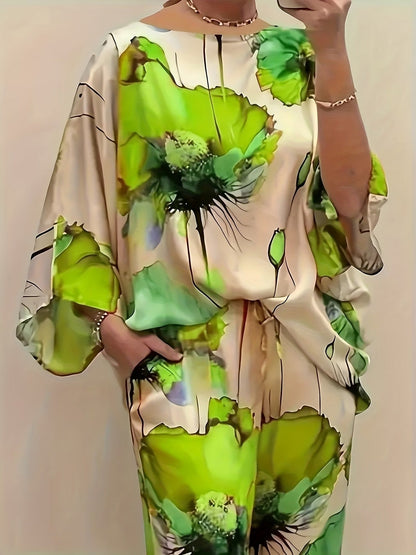 Plus Size Women’s Satin Floral Co-Ord Set – Round Neck Top with Elastic Waist Wide-Leg Pants | Elegant & Comfortable Two-Piece Outfit