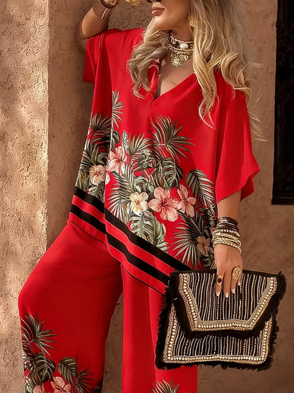 Stylish Oversized Printed Co-Ord Set – Relaxed Shirt & Wide-Leg Pants with Striped Hem for Women