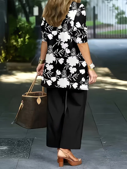 Women’s Stylish 3-Piece Set – Solid Cardigan, Casual Vest & Printed Palazzo Pants