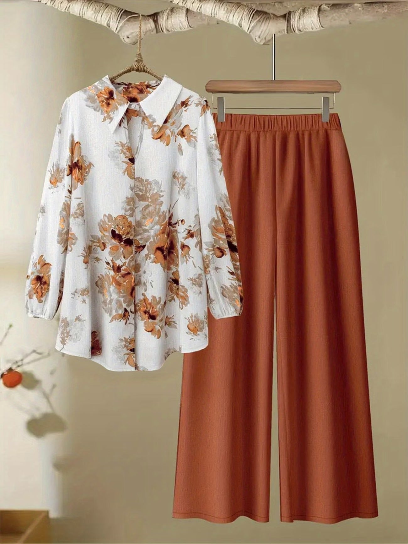 Women’s Floral Long-Sleeve Shirt with Printed Pants – Stylish Two-Piece Everyday Outfit (With Tie & Button Details)