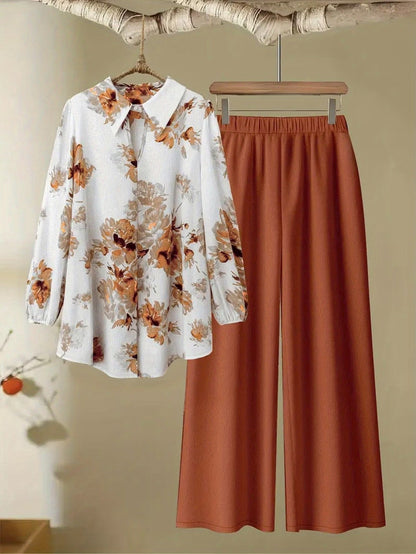 Women’s Floral Long-Sleeve Shirt with Printed Pants – Stylish Two-Piece Everyday Outfit (With Tie & Button Details)