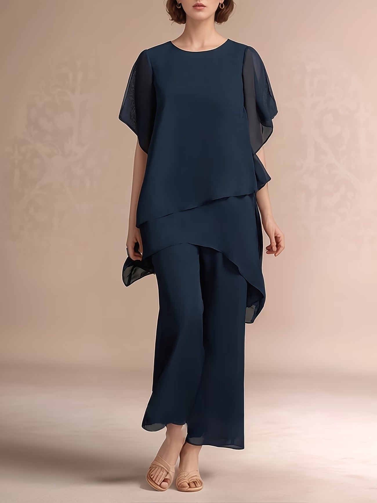 Women'S Chiffon Short Sleeve 2pcs Set Solid Color Irregular Elegant Party Fashion Suit