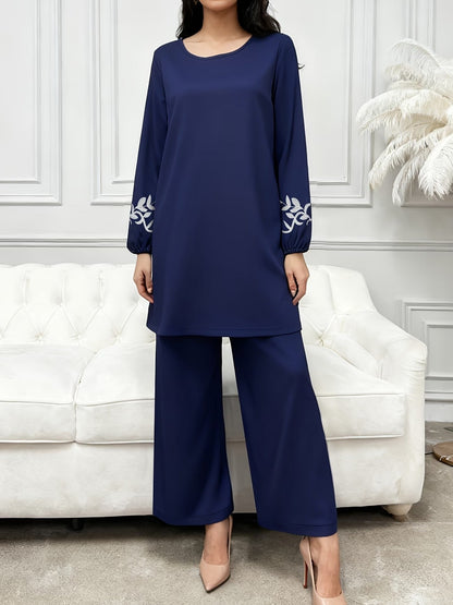 Women’s Elegant Ridas Abaya Two-Piece Set – Plant Print Long Sleeve Crop Top with Matching Pants (Perfect for Ramadan & Eid Wear)