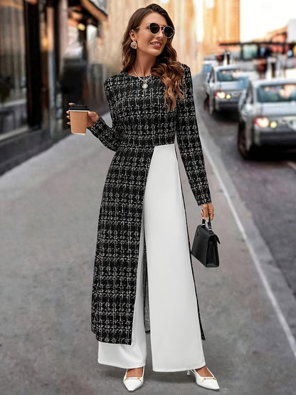 Chic Plaid Commuter Jumpsuit – Asymmetrical Design with Relaxed Straight-Leg Fit