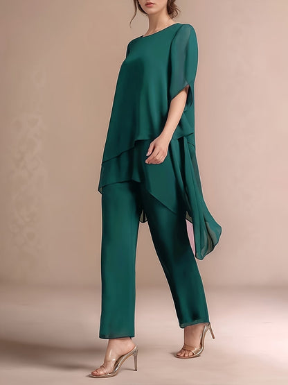 Women'S Chiffon Short Sleeve 2pcs Set Solid Color Irregular Elegant Party Fashion Suit