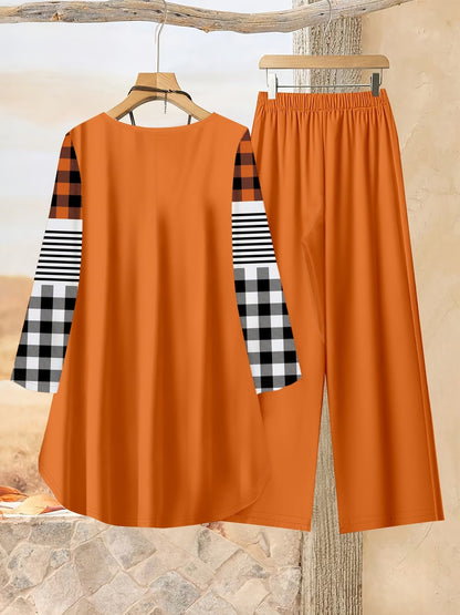 Loose Fit Irregular Print High-Low Hem Top with Solid Pants – Women’s Casual Two-Piece Outfit