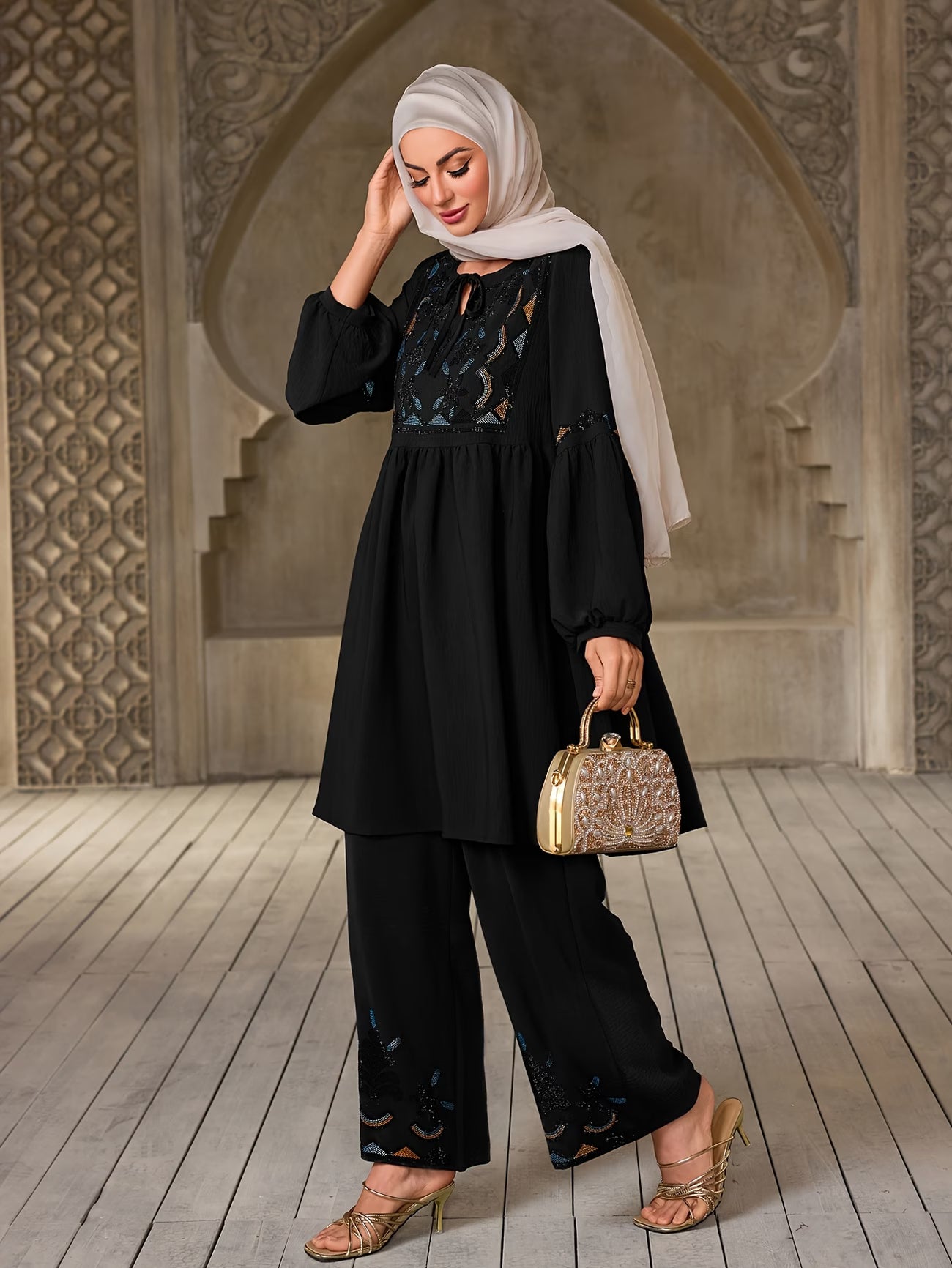 Women's Elegant Rhinestone Detail Long Sleeve Top & Wide-Leg Pants Set