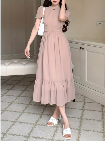 Women's Elegant Pleated Waist Ruffle Hem Maxi Dress