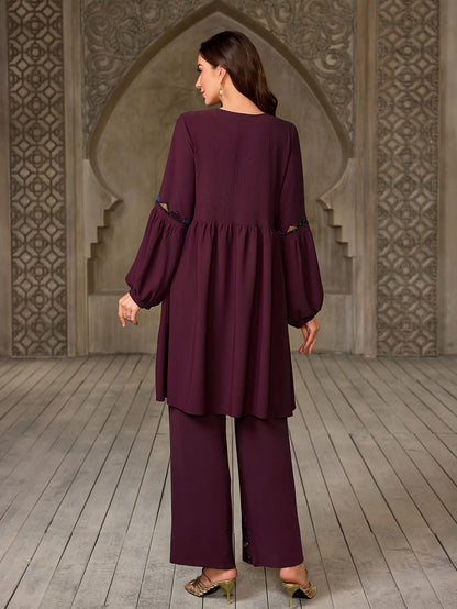 Women's Elegant Rhinestone Detail Long Sleeve Top & Wide-Leg Pants Set