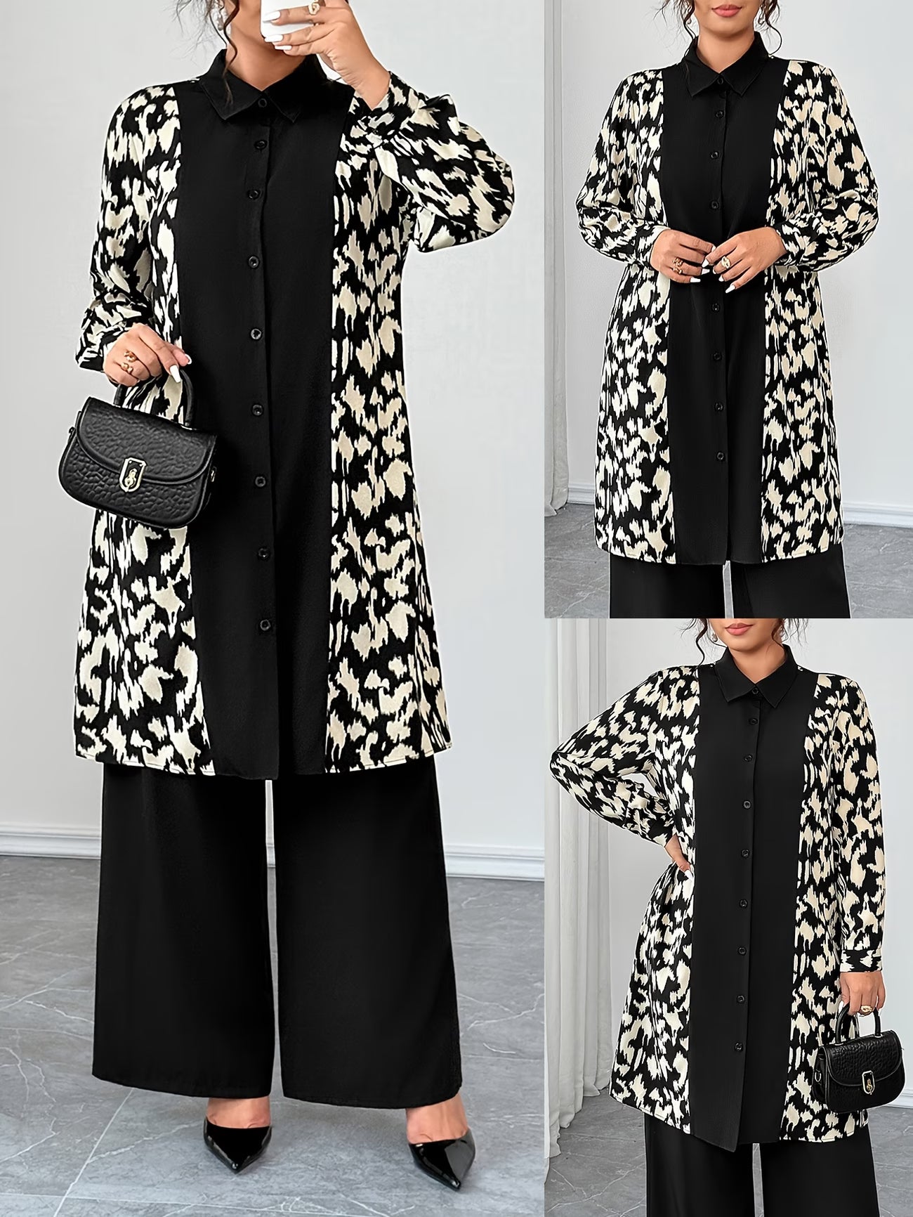Women's Elegant Patchwork Cardigan, Mid-Length Shirt & Straight-Leg Trousers Set