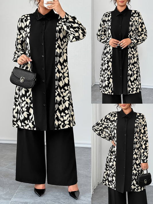 Women's Elegant Patchwork Cardigan, Mid-Length Shirt & Straight-Leg Trousers Set