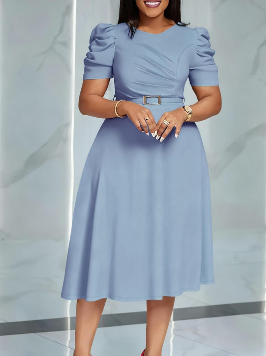 Women's Elegant V-Neck Ruffle Midi Dress with Waist Belt