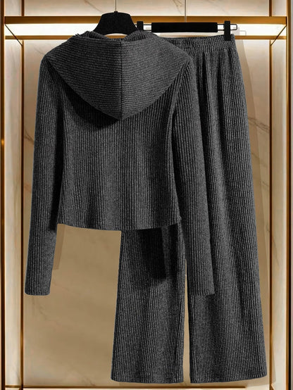 Women’s Hooded Long Sleeve Top & Pants Co-Ord Set – Elegant Solid Color Lounge Wear