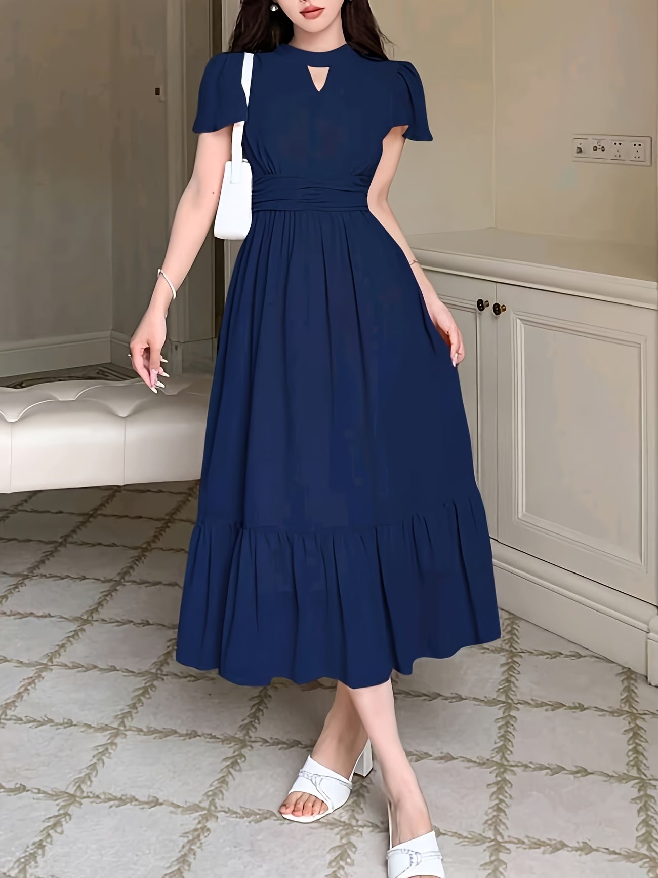 Women's Elegant Pleated Waist Ruffle Hem Maxi Dress