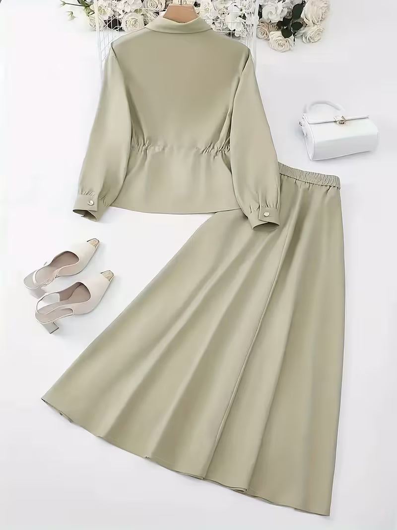 Women's Drawstring Waist Collared Top & Elastic Waist Skirt Two-Piece Set