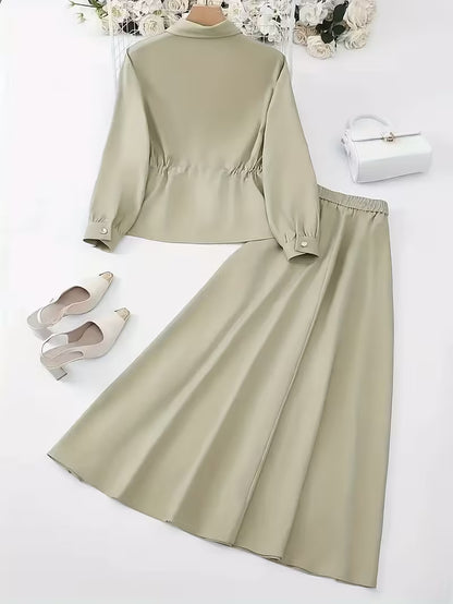 Women's Drawstring Waist Collared Top & Elastic Waist Skirt Two-Piece Set