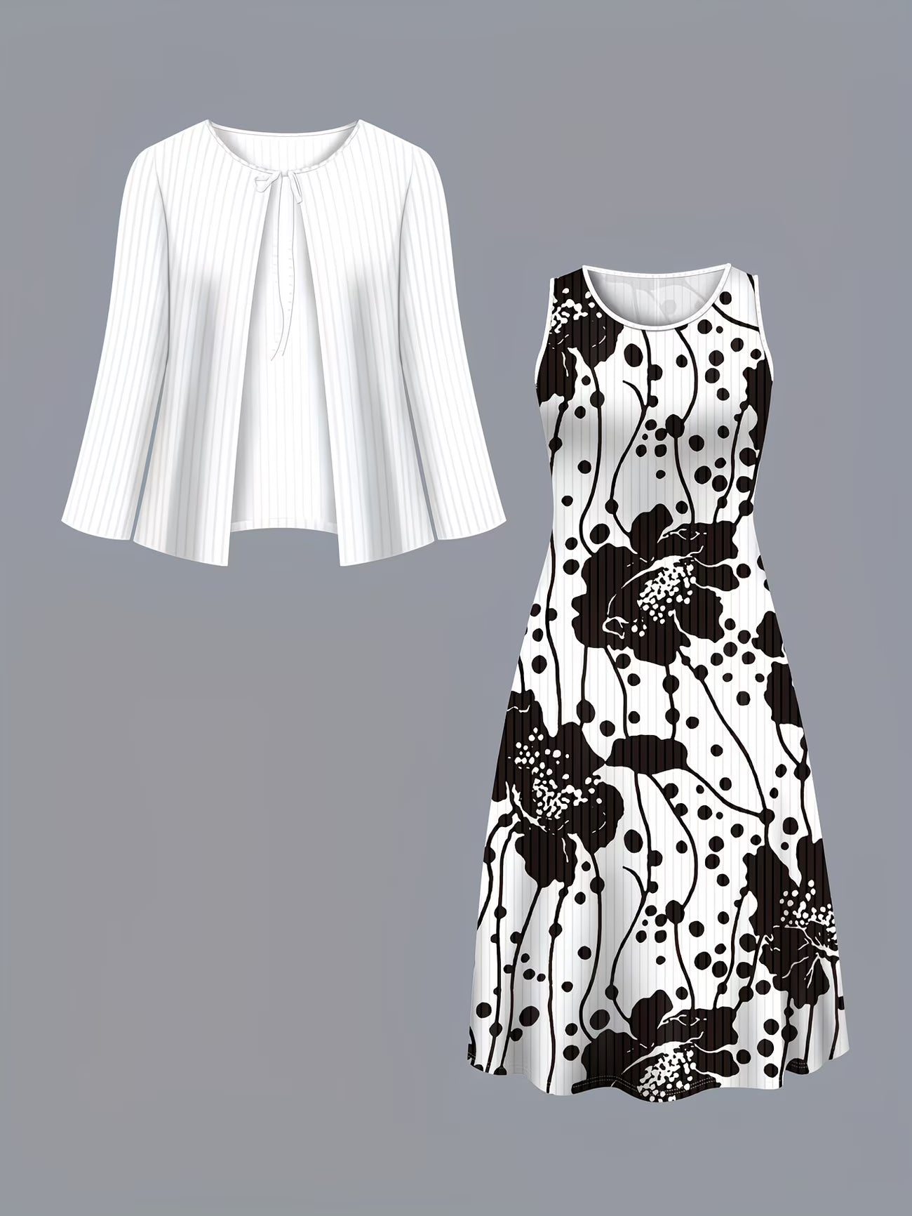 Women's Botanical Print Dress & Tie-Front Cardigan Two-Piece Set