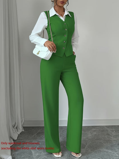 Women's Sleeveless Waist-Cinched Vest & Wide-Leg Pants Two-Piece Set