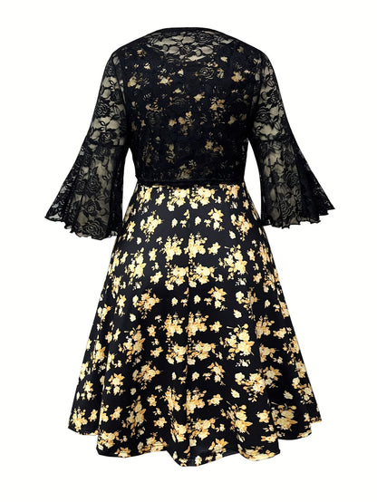 Plus Size Women Elegant Lace Coat & Printed Vest Dress 2-Piece Outfit Set