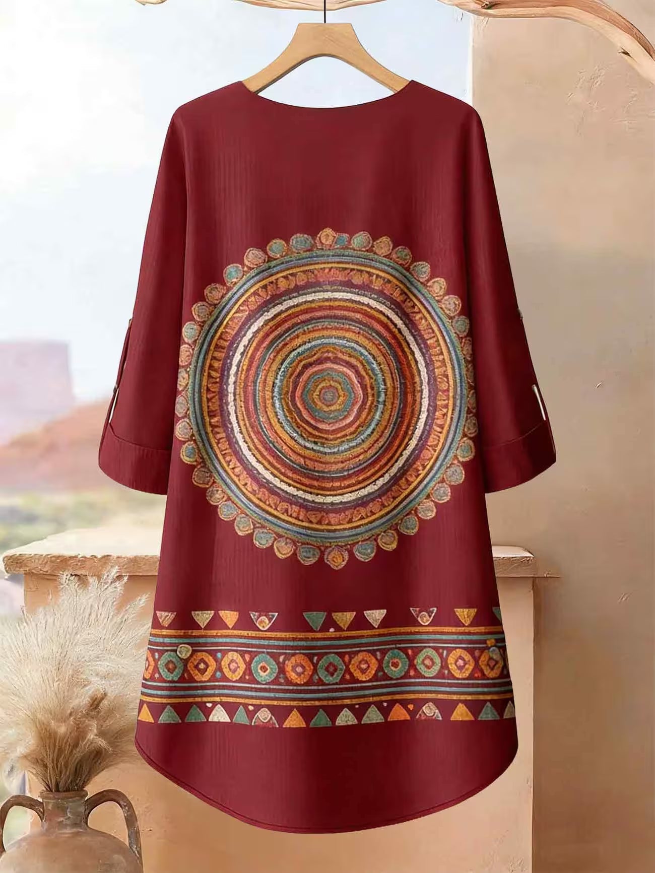 Plus Size Bohemian Printed Co-Ord Set – V-Neck Casual Tunic & Pants Outfit