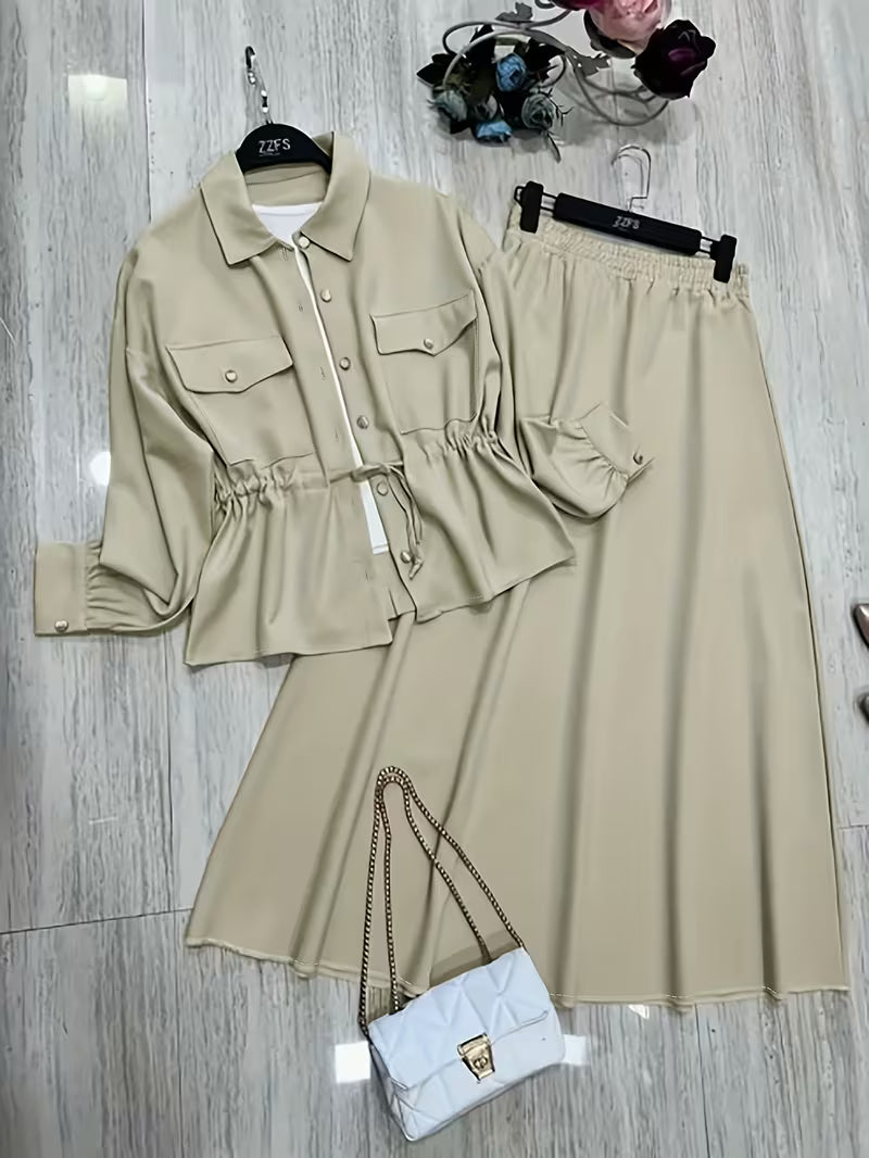 Women's Drawstring Waist Collared Top & Elastic Waist Skirt Two-Piece Set