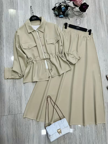 Women's Drawstring Waist Collared Top & Elastic Waist Skirt Two-Piece Set