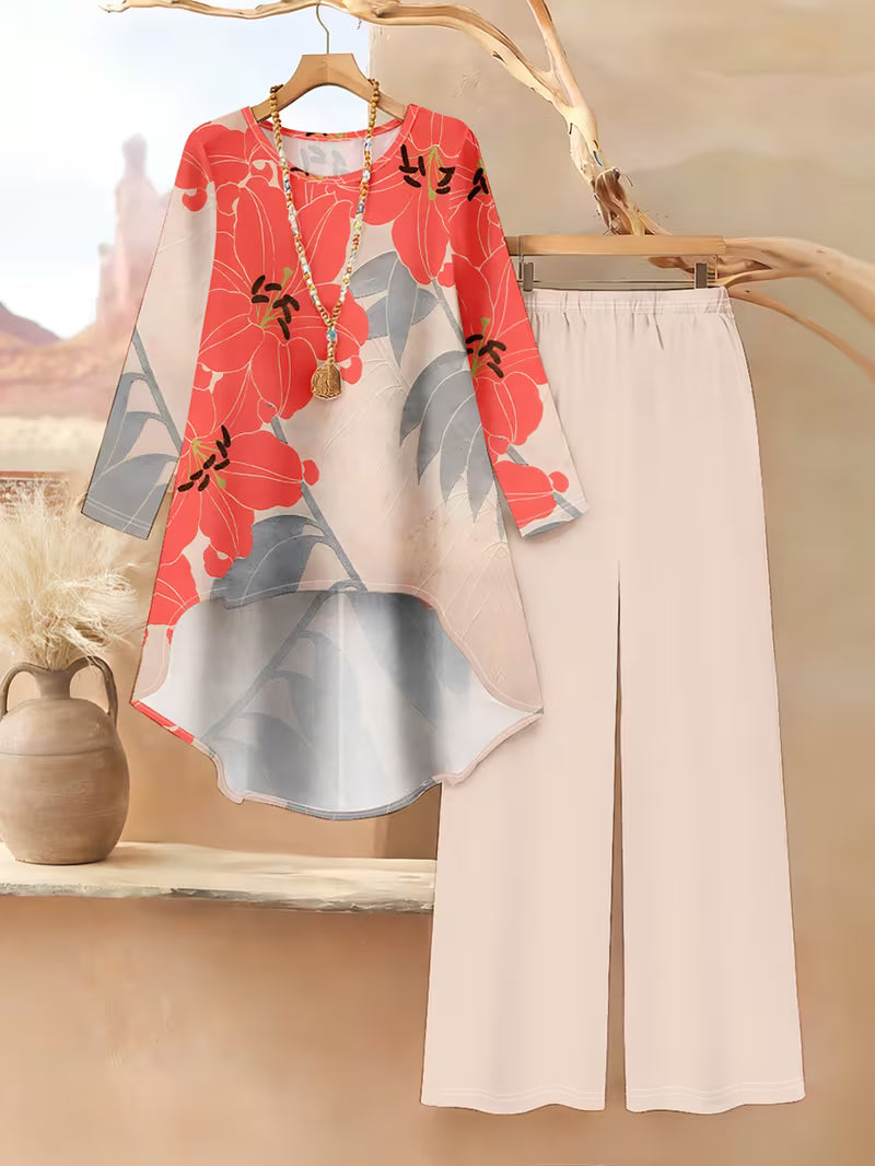 Women’s Long-Sleeve Floral Suit – Light Red Flowers on Gray, Casual & Vacation Wear