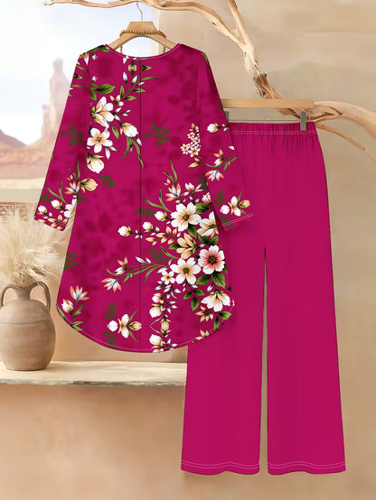 Women’s Long-Sleeve Floral Suit – Light Red Flowers on Gray, Casual & Vacation Wear