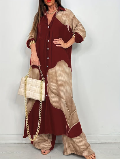 Women's Printed Long Shirt & Relaxed Pants Two-Piece Set