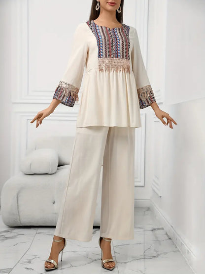 Elegant Summer Patchwork Co-ord Set for Women – Beaded Fringe Top with Wide-Leg Pants (2pcs)