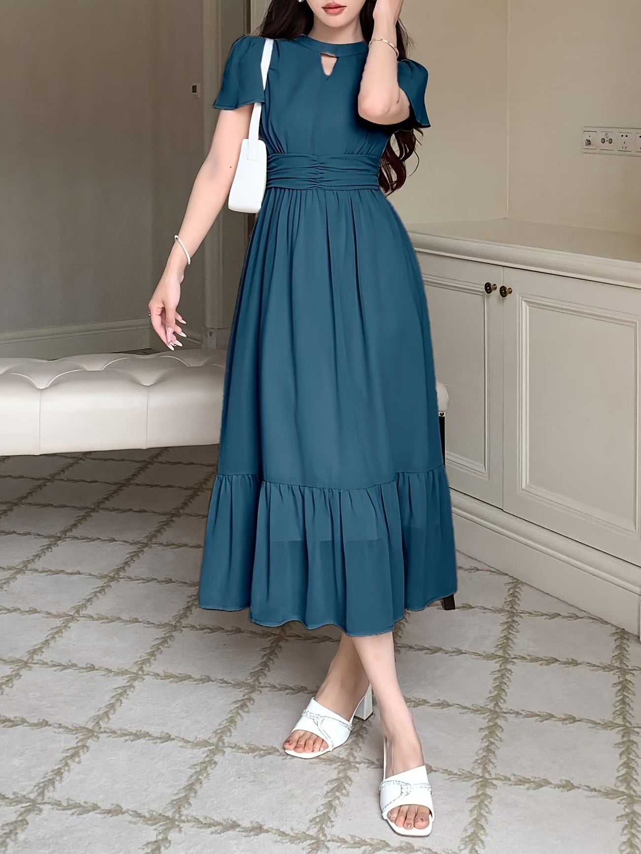 Women's Elegant Pleated Waist Ruffle Hem Maxi Dress