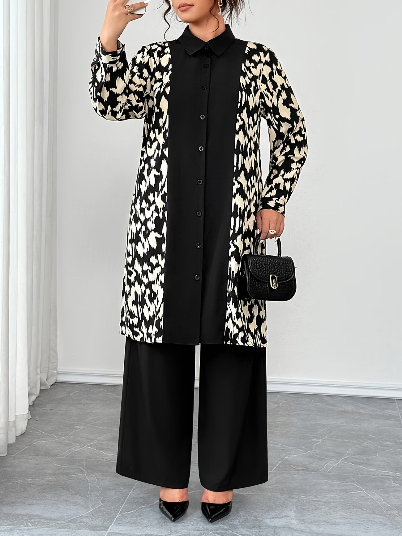 Women's Elegant Patchwork Cardigan, Mid-Length Shirt & Straight-Leg Trousers Set
