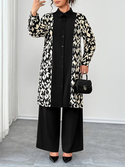 Women's Elegant Patchwork Cardigan, Mid-Length Shirt & Straight-Leg Trousers Set