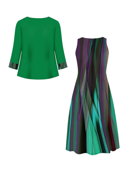 Elegant Layered Two-Piece Midi Dress Set with Tie-Front Cardigan – Flowy Printed Everyday & Occasion Wear