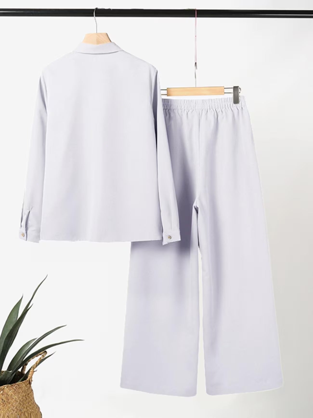 Women’s Casual Two-Piece Co-Ord Set – Solid Button Shirt with Pocket Straight-Leg Trousers for Spring & Fall