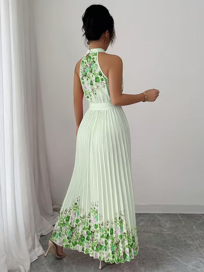 Elegant Floral Halter Neck Pleated Dress – Stylish & Comfortable Summer Outfit for Women