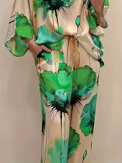 Plus Size Women’s Satin Floral Co-Ord Set – Round Neck Top with Elastic Waist Wide-Leg Pants | Elegant & Comfortable Two-Piece Outfit