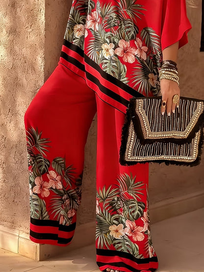 Stylish Oversized Printed Co-Ord Set – Relaxed Shirt & Wide-Leg Pants with Striped Hem for Women