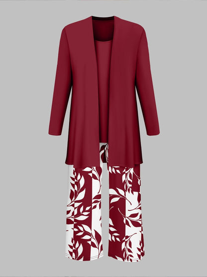 Women’s Stylish 3-Piece Set – Solid Cardigan, Casual Vest & Printed Palazzo Pants