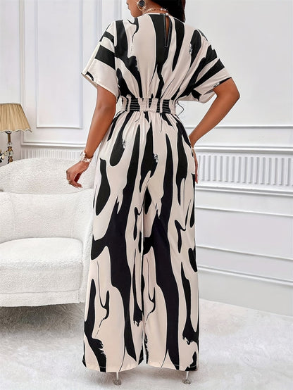 Women’s Color Block V-Neck Jumpsuit – Elegant Short Sleeve Wide-Leg One-Piece Outfit with Comfortable Waist Fit for Spring & Summer