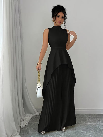 Elegant Sleeveless Stand-Collar Top & Pleated Trousers Set – Women’s Chic High-Low Two-Piece Suit
