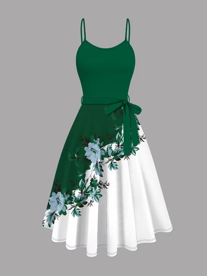 Elegant 2-Piece Women’s Outfit | Blue Cardigan Jacket with Floral Suspender Dress Set