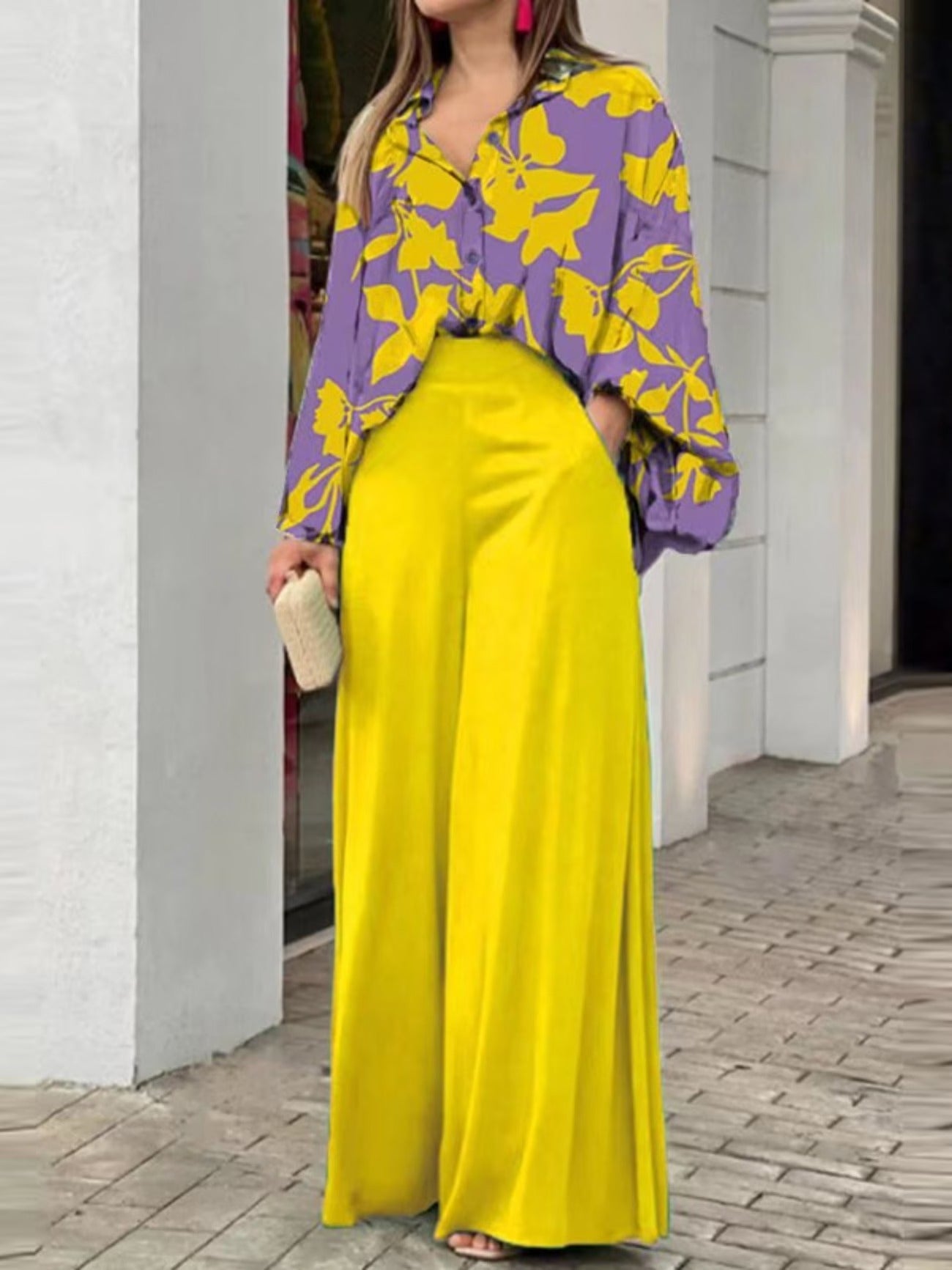Chic Printed Shirt & Wide-Leg Trousers Set – Relaxed Stylish Two-Piece Outfit for Women