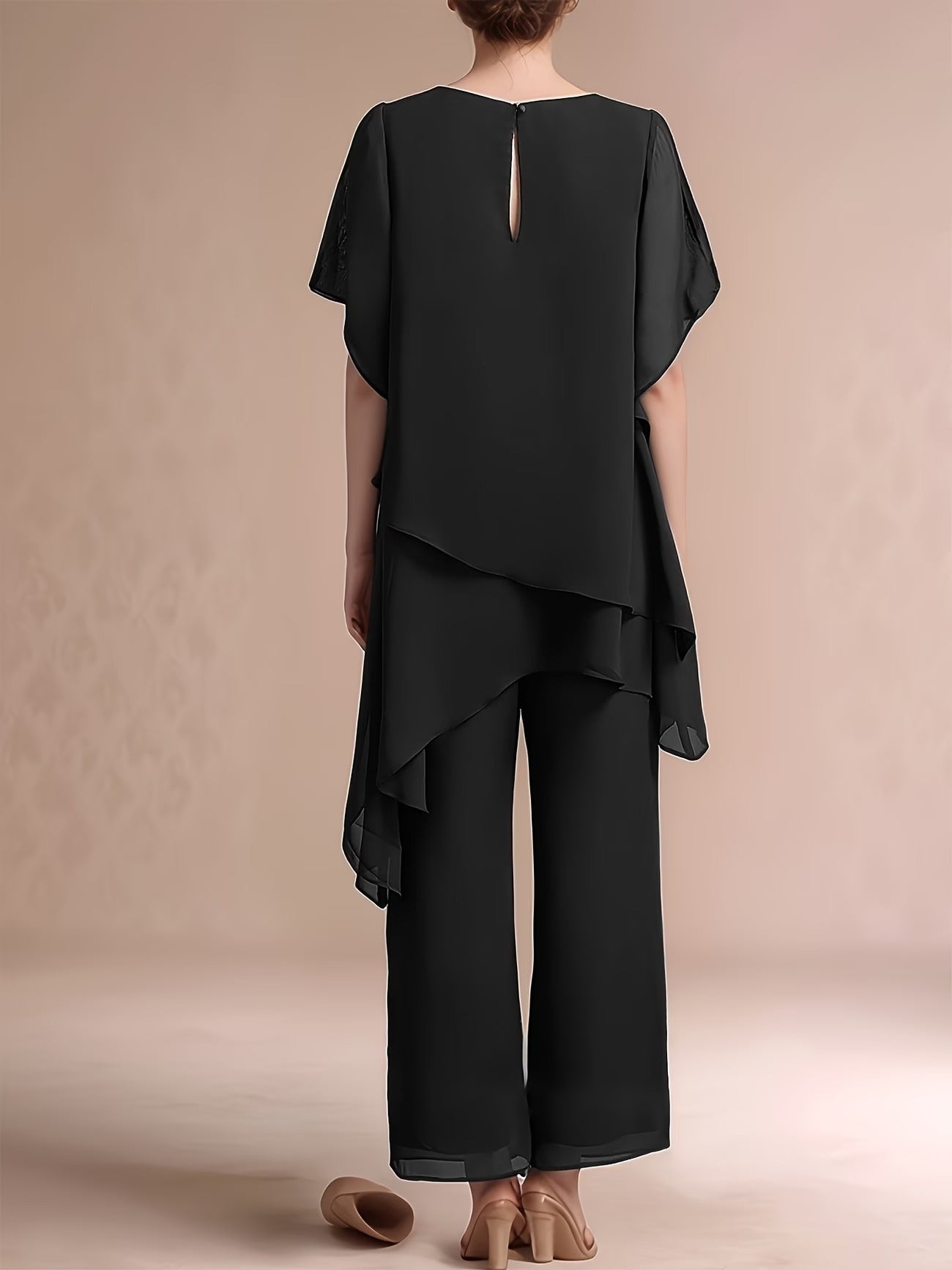 Women'S Chiffon Short Sleeve 2pcs Set Solid Color Irregular Elegant Party Fashion Suit