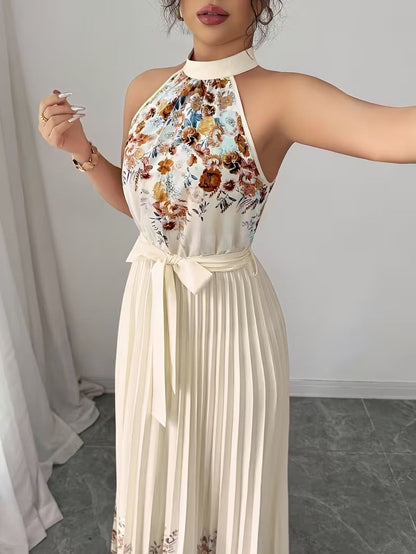 Elegant Floral Halter Neck Pleated Dress – Stylish & Comfortable Summer Outfit for Women