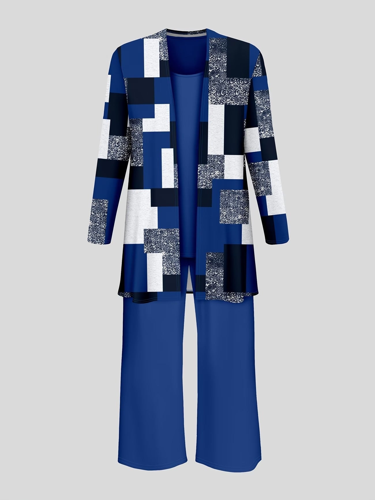 Elegant Printed Cardigan Jacket with Solid Inner Vest & Casual Long Pants – Stylish 3-Piece Women’s Set