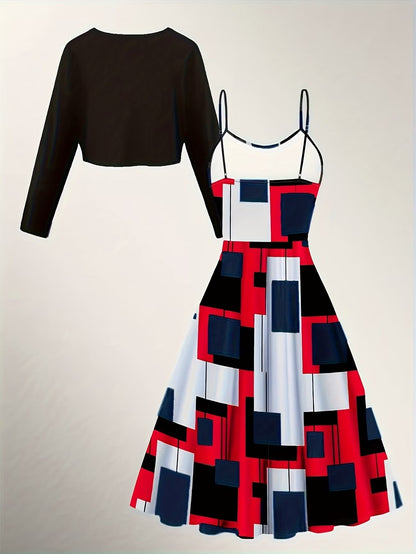 Women’s Elegant Solid Dress with Long Sleeve Jacket – Stylish 2 Piece Outfit Set